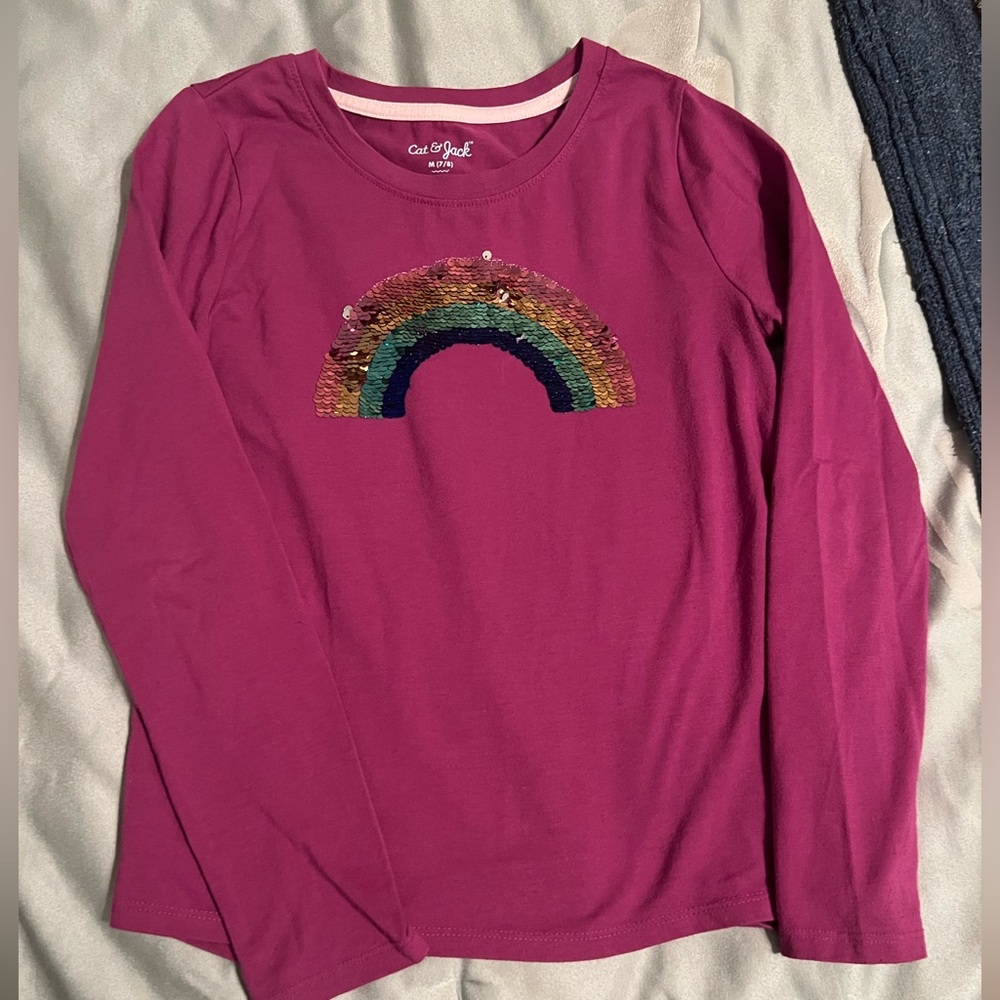 Cat & Jack purple rainbow sequins flip long sleeve shirt girls 7/8 EUC